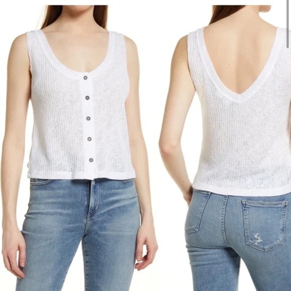Melrose and Market White Ribbed Button Down Sleeveless Crop Tank Top L